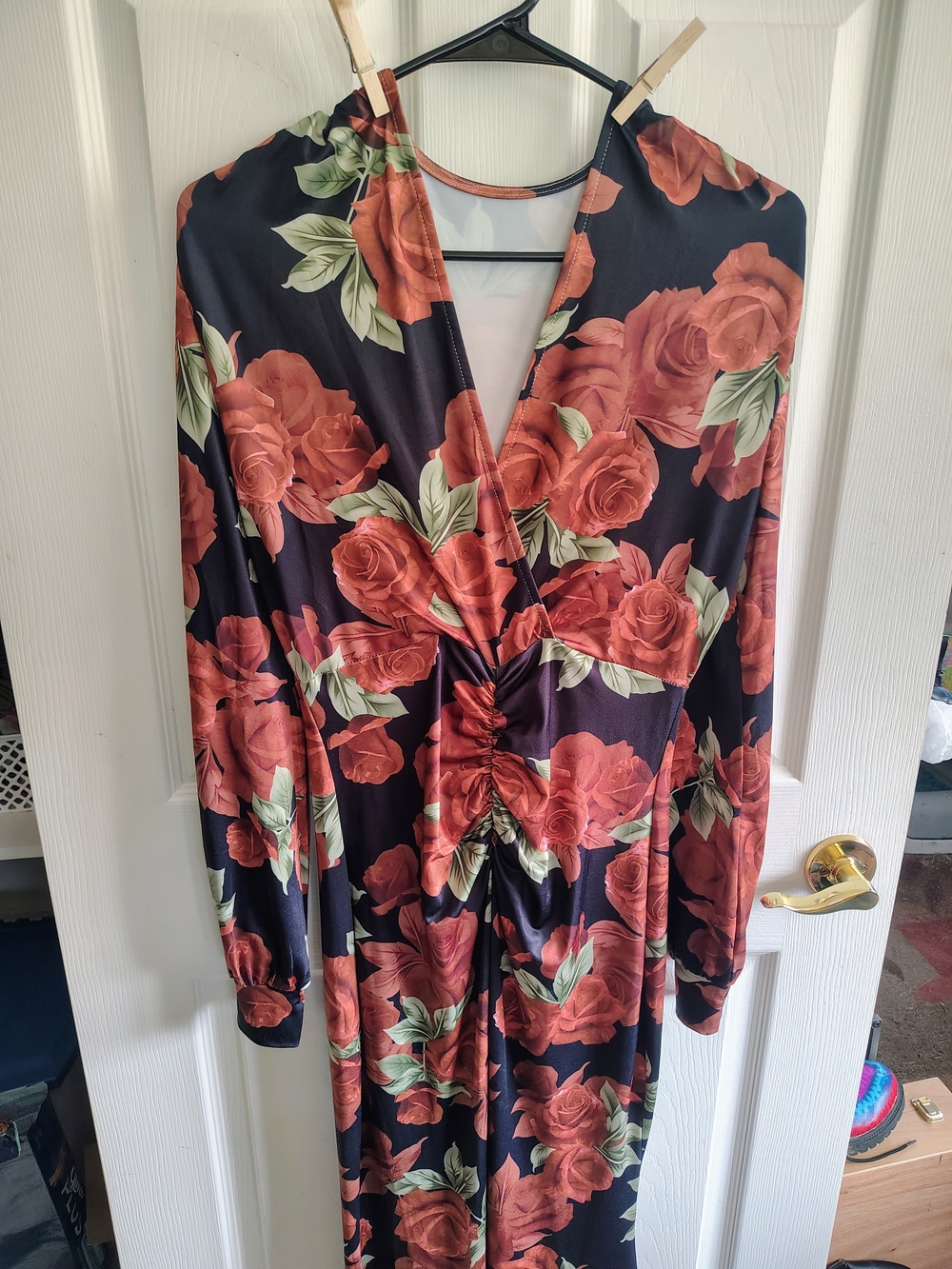 Long Sleeve Floral Wrap Midi Dress in Black with Rust Rose Print